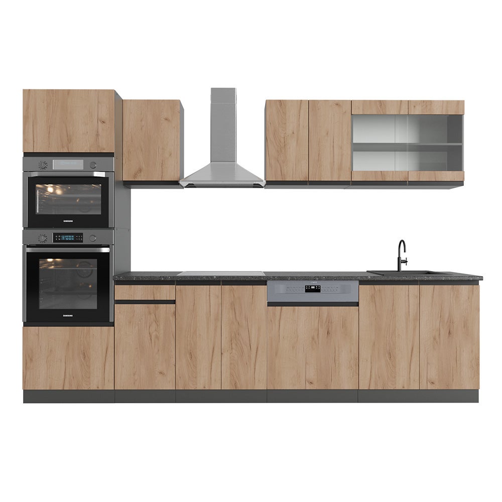 Vicco Cuisine Chêne Doré/anthracite 350cm J-Shape, Avec Armoire Haute, Sans PT, R-Line | Chêne