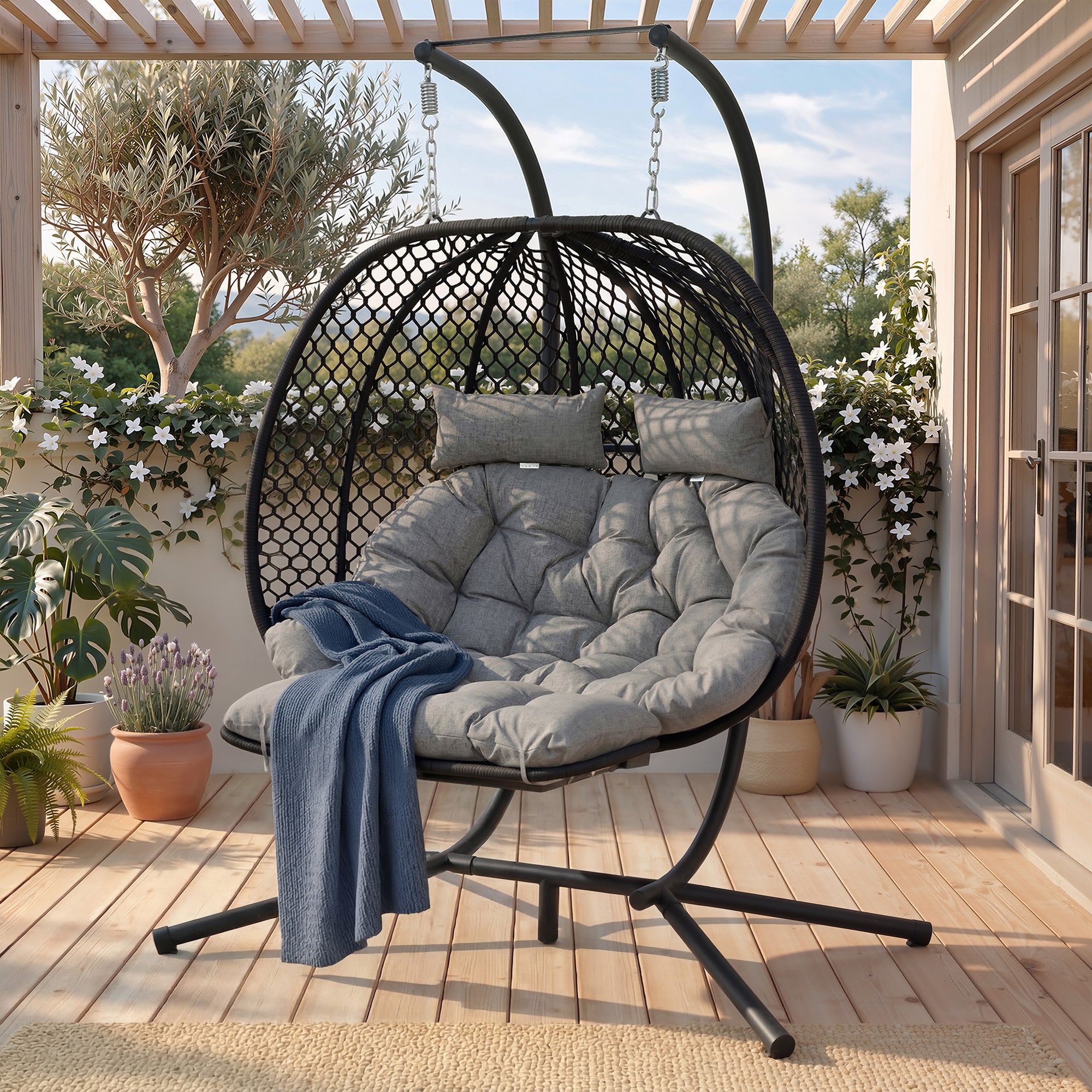Fauteuil suspendu œuf avec pied, balancelle hamac extérieur avec repose-pieds et coussins, fauteuil à bascule double,structure acier, gris - 2