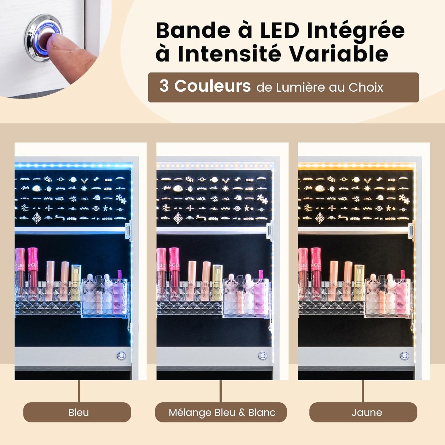 Armoire à Bijoux avec Miroir sur Pieds, Grand Miroir Psyché Sans Cadre avec Éclairage LED 3 Couleurs, avec 3 Angles Ajustables (Blanc) - 7