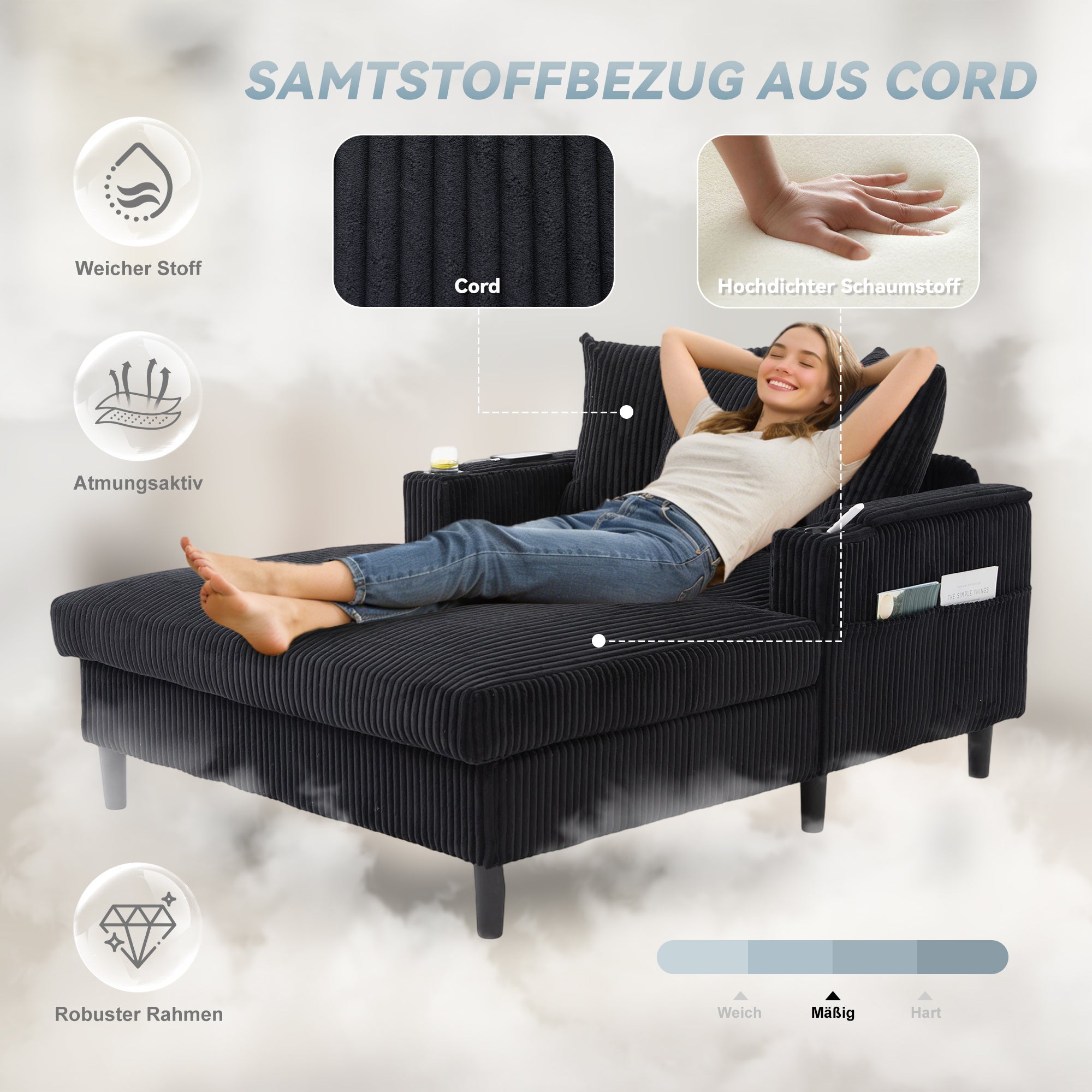 Canapé longue multifonction en velours côtelé avec LED port USB porte-gobelets, rangement, poche latérale 3 coussins salon maison - 7