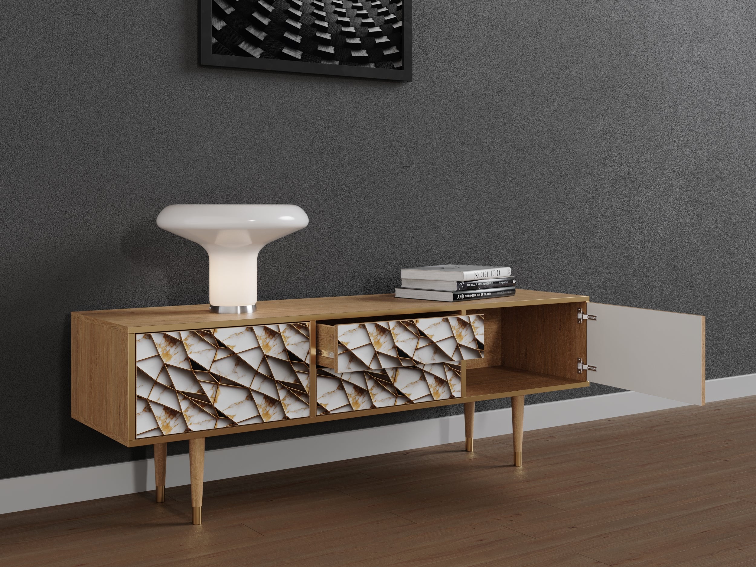 Mobile TV con due porte e due cassetti, lungo 170 cm, in rovere - 3