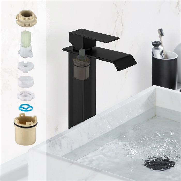 Mitigeur de Lavabo Cascade Bec Haut Noir – Robinet Salle de Bain en Acier Inox SUS304, Eau Chaude/Froide, Design Moderne à Levier Unique - 5