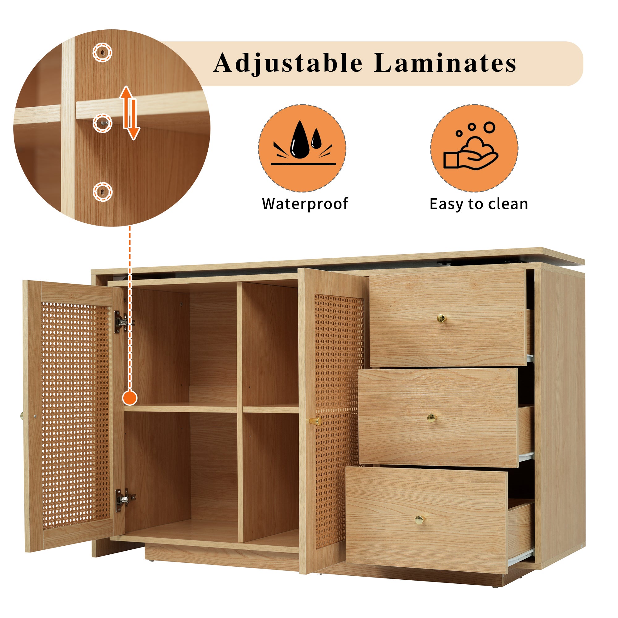 Bureau d'angle avec pivotant 360 degrés, portes en rotin, 3 tiroirs, MDF couleur naturelle - 9