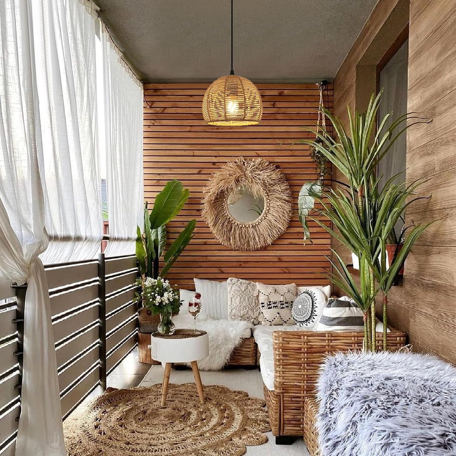 COMELY Suspension Luminaire Vintage en Rotin E27 Ø20 cm, Lustre Rétro Naturel pour Salon Chambre Cuisine Salle à Manger Café-Bar - 5