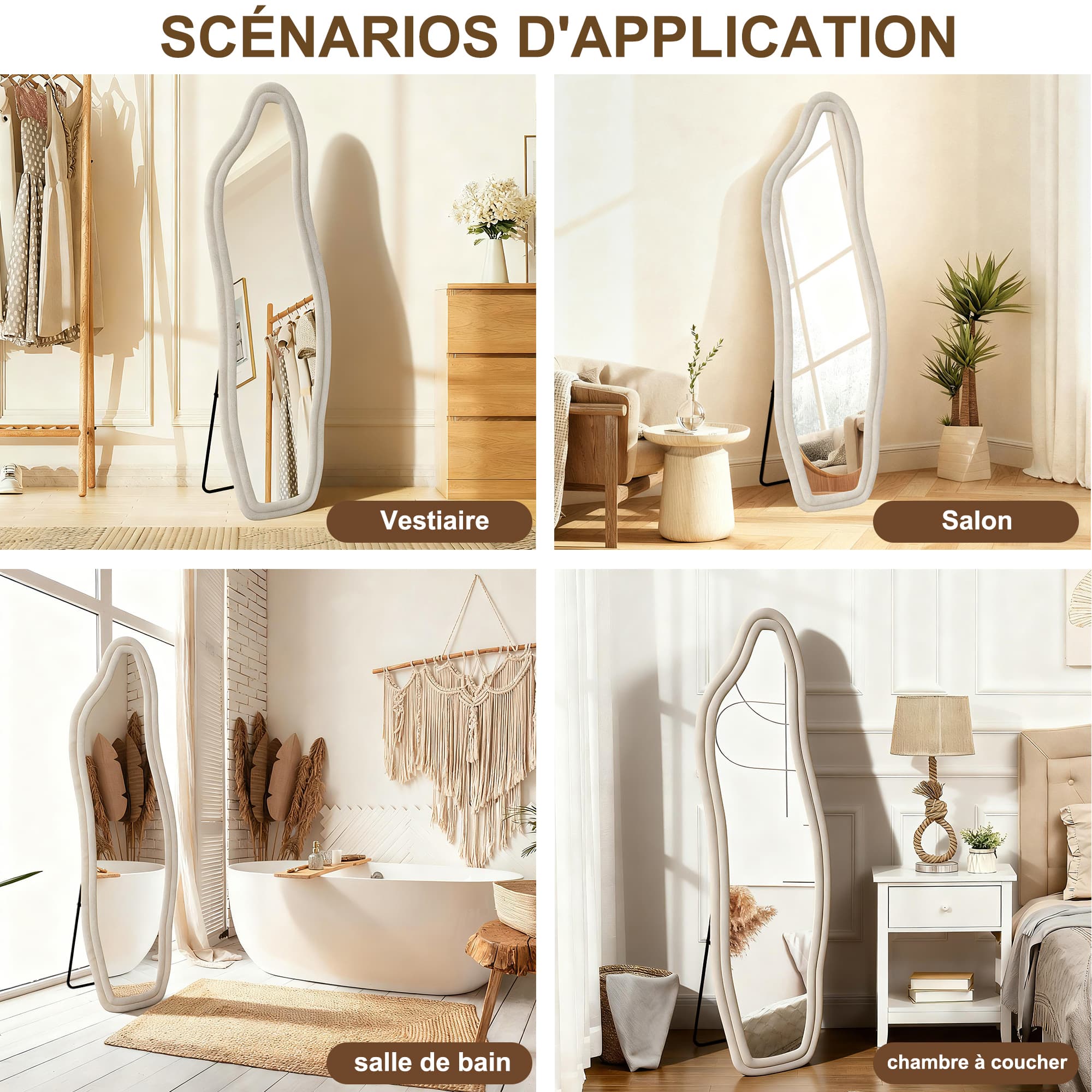 Miroir sur pied de forme ondulée irrégulière 145*50, peut être posé à gauche ou fixé au mur, convient aux chambres et aux salons, blanc. - 9