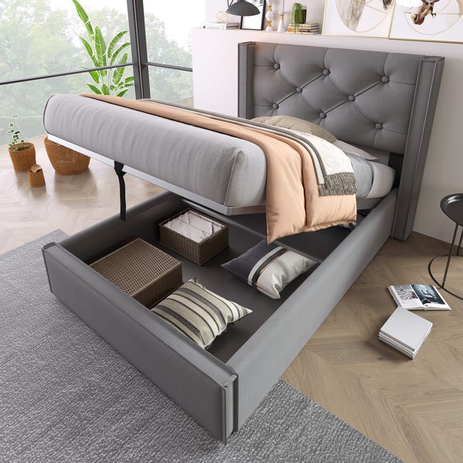 Sommier déco Someo simili cuir gris foncé 90x200 - Maison Sommier déco Someo simili cuir gris foncé 90x200 - Maison