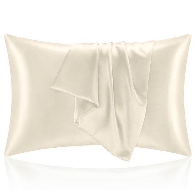 Taie d'oreiller en satin (2 pièces) - Oreiller doux et soyeux - Fermeture portefeuille - Anti-acariens et hypoallergénique - 51 x 66 cm - Beige