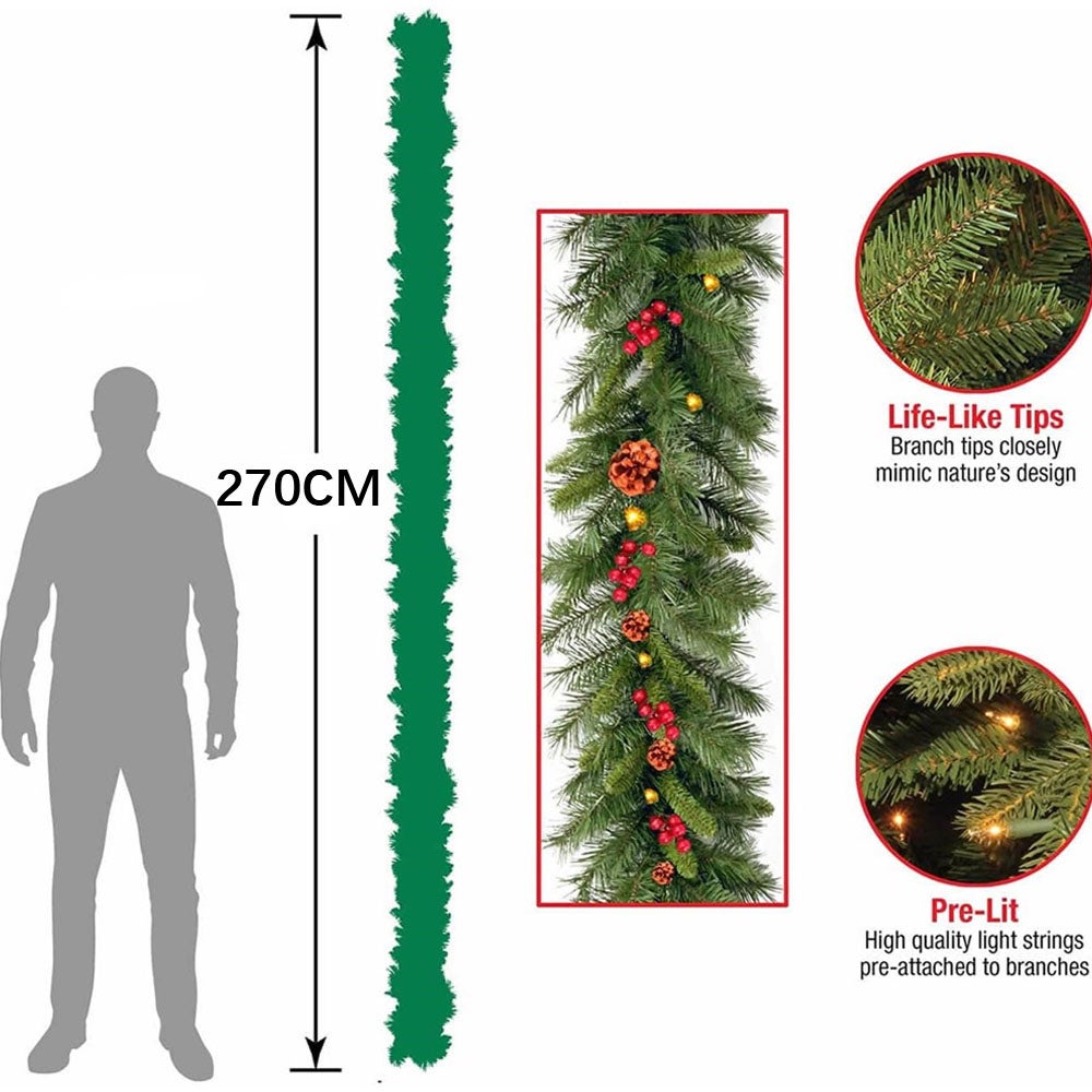 Ghirlanda natalizia artificiale da 270 cm, luce calda, decorata con pigne e bacche, collezione natalizia, con 5 metri e 50 luci, senza batterie - 9
