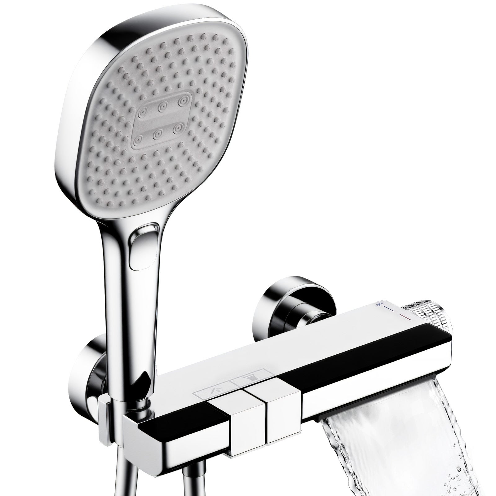 Bateria wannowa typu wodospad z cyfrowym wyświetlaczem temperatury, 3-funkcyjna słuchawka prysznicowa i półka, chromowany mosiądz