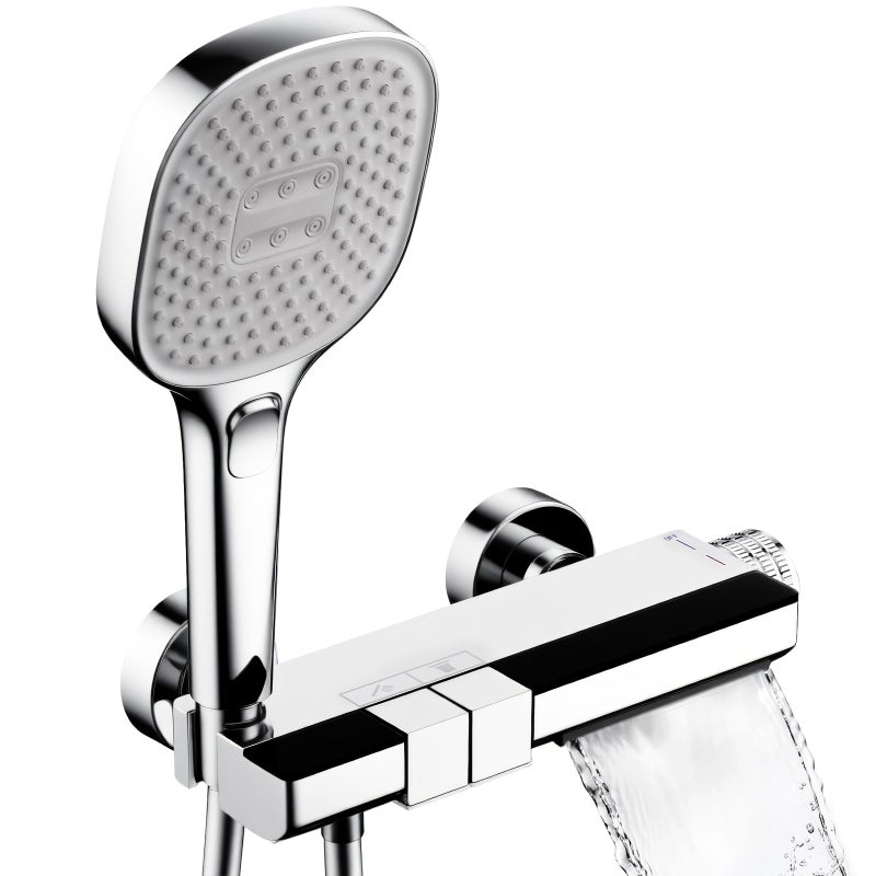Bateria wannowa typu wodospad z cyfrowym wyświetlaczem temperatury, 3-funkcyjna słuchawka prysznicowa i półka, chromowany mosiądz