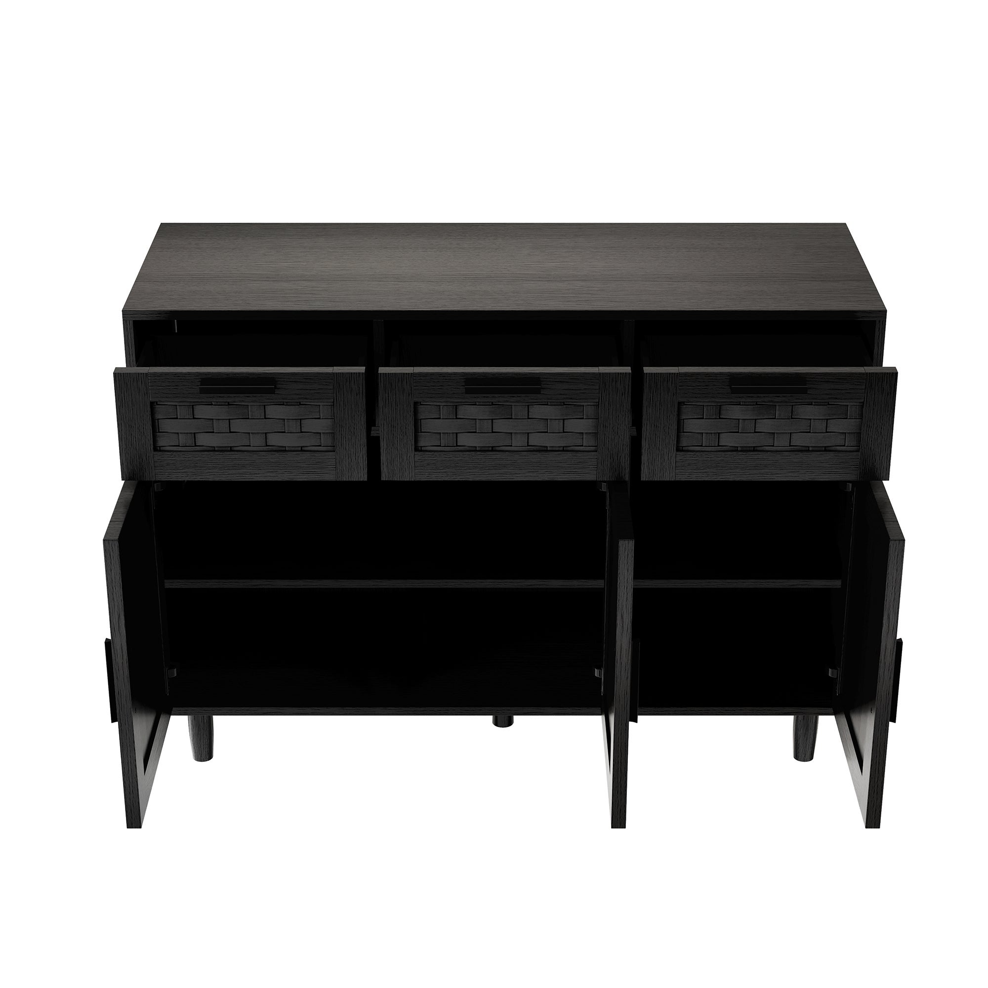 Buffet, meuble de rangement en bois noir, avec 3 portes et 3 tiroirs, meuble de rangement pour le salon, portes à motif tressé - 10