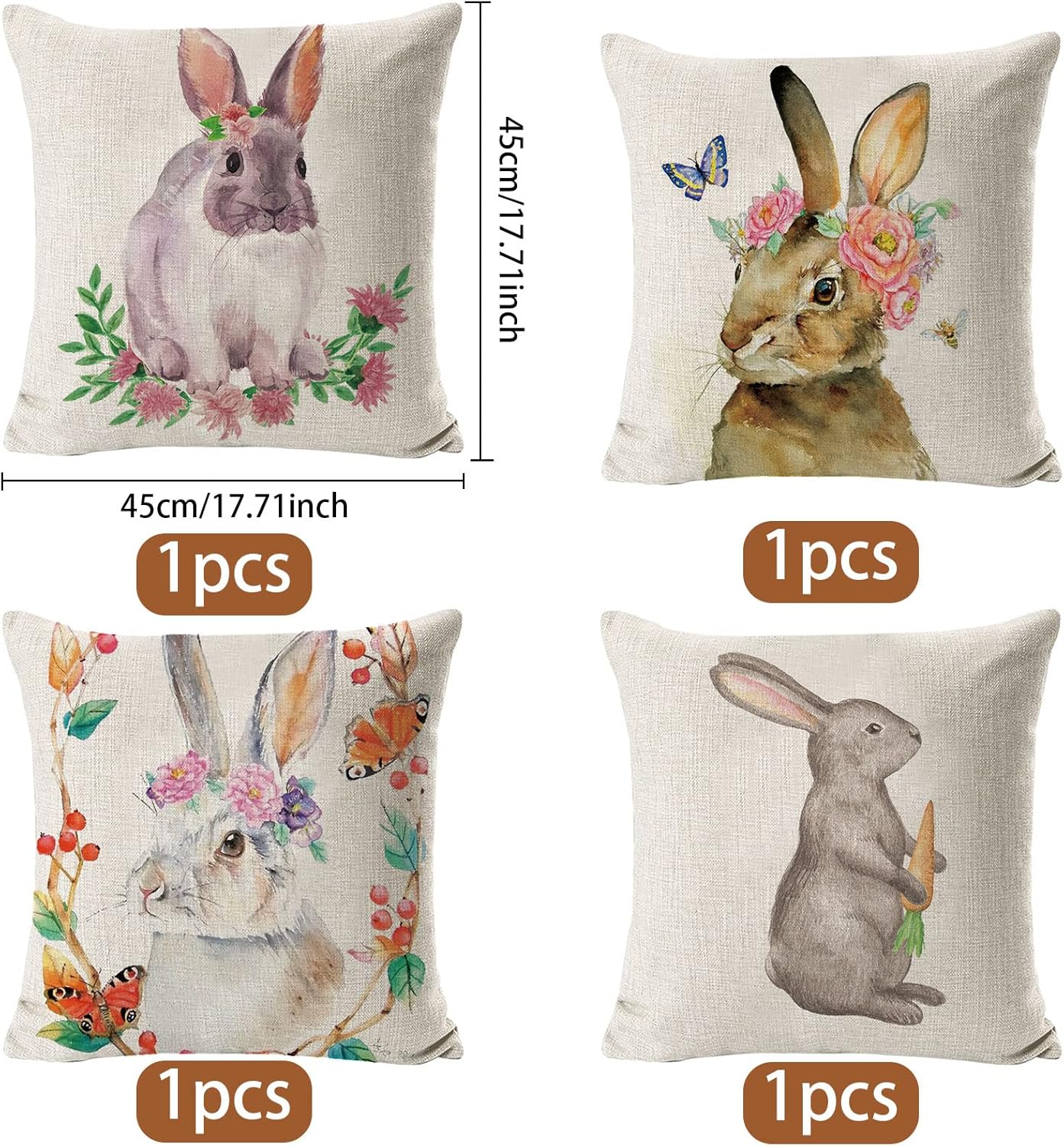 Lot de 4 housses de coussin de Pâques - 45 x 45 cm - Décoration En lin - Pour salon, canapé, bureau, voiture - 2