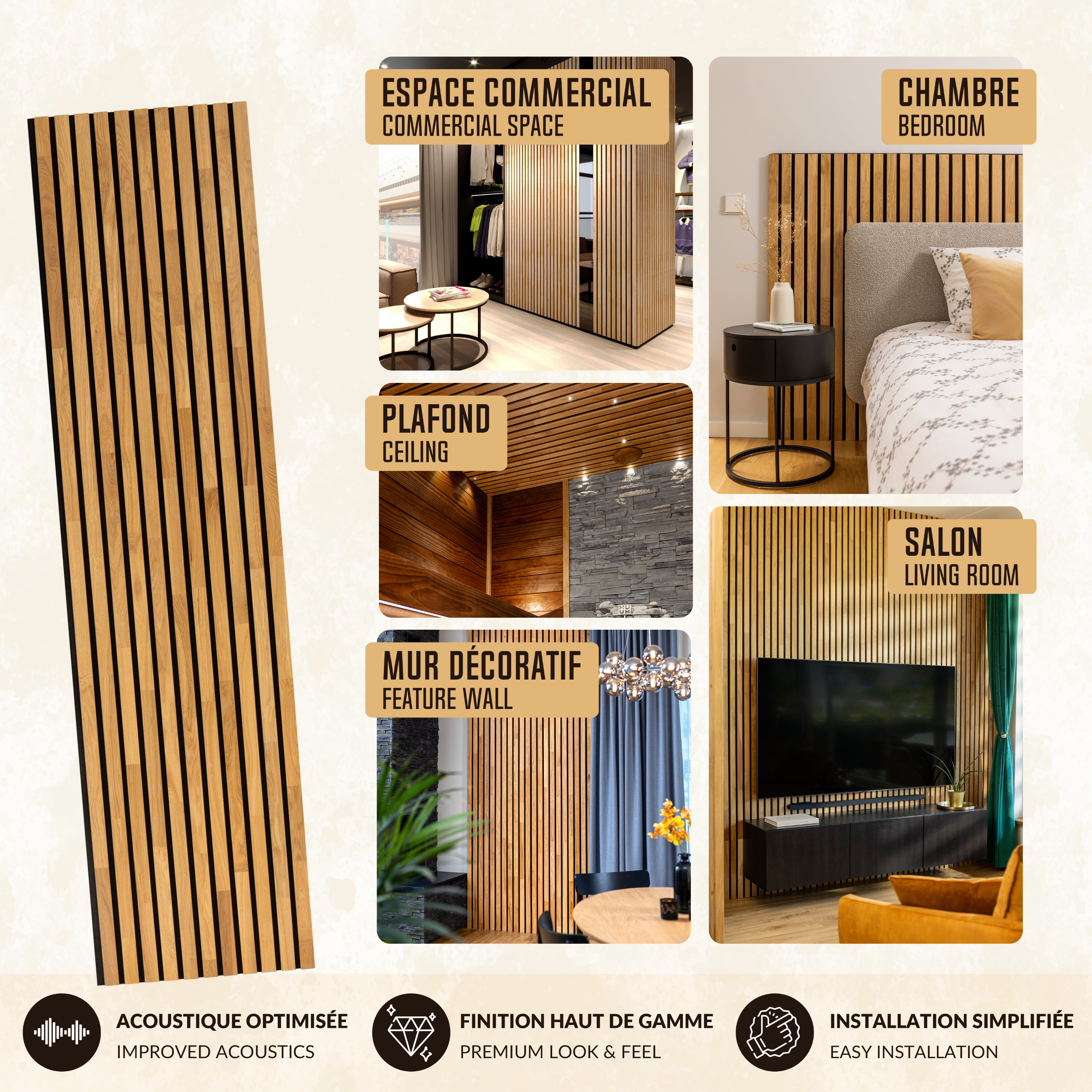 Panneau Tasseau Acoustique en Bois - Chêne Naturel - 2400x600mm - Lattes 40mm, Support en Feutre Noir - 3