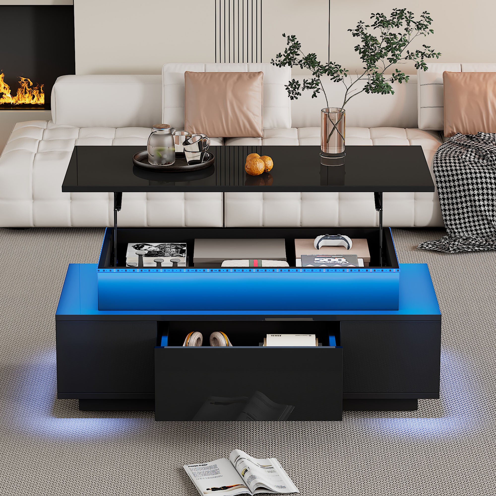 Stół kawowy regulowany na wysokość 96x45x40cm - z ukrytym schowkiem - z 1 szufladą - z oświetleniem LED - czarny