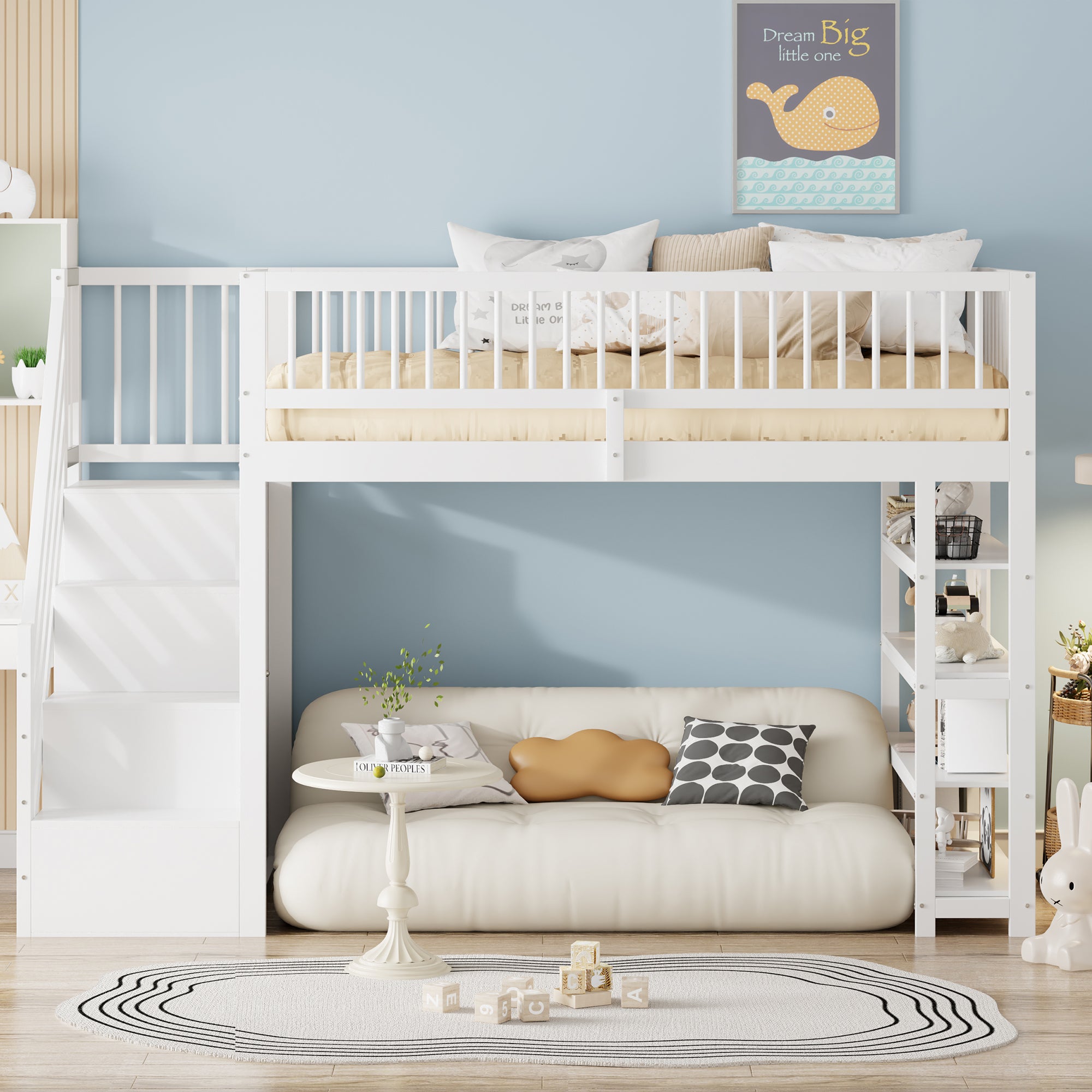 Lit mezzanine 90 x 200 cm, haute barrière de sécurité, avec penderie, étagères et rangement avec échelle de sécurité, lit multifonction, blanc - 3