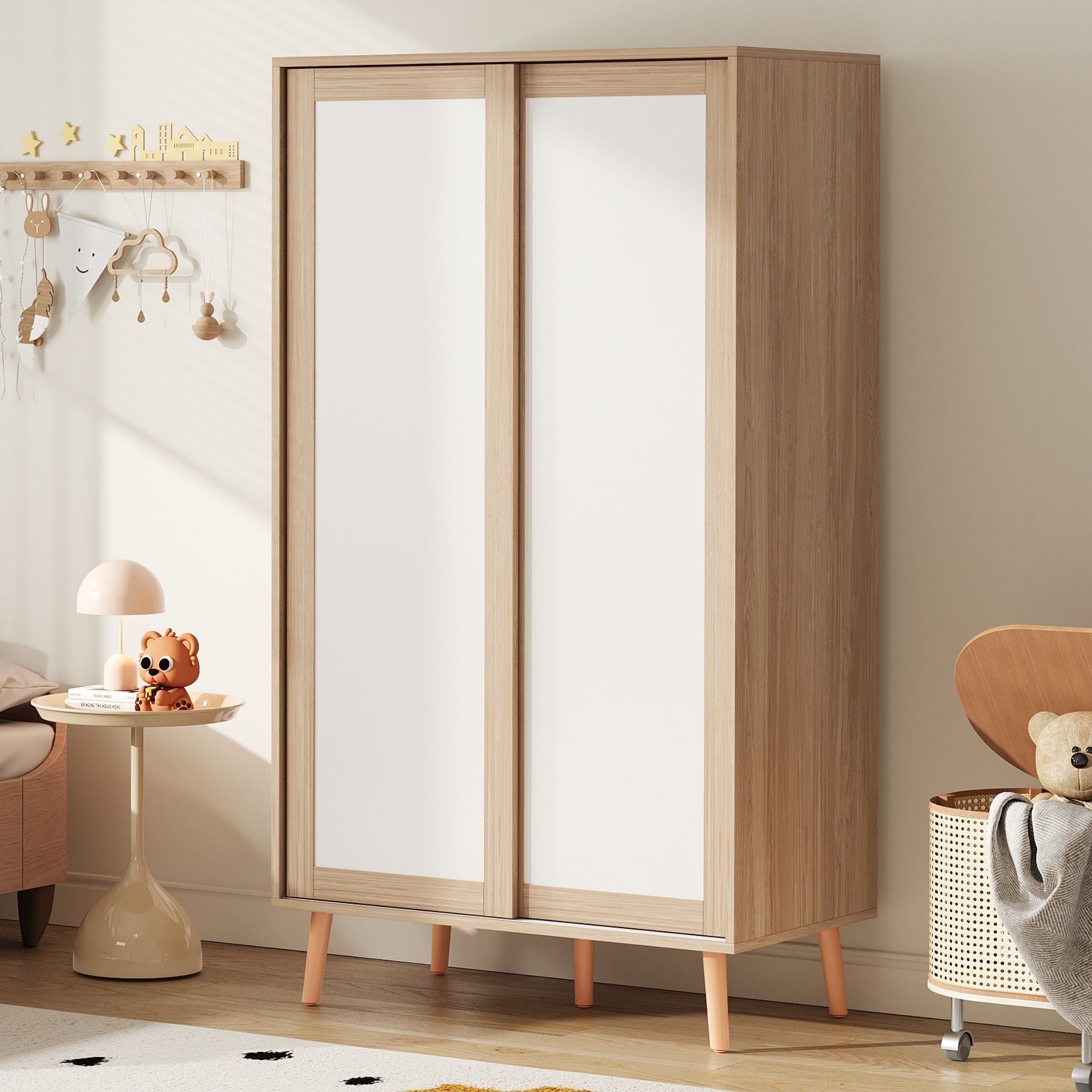 Armoire pour enfants avec 2 portes coulissantes - 80 x 46 x 141.5 cm - Bois massif + MDF - Blanc et naturel - 3