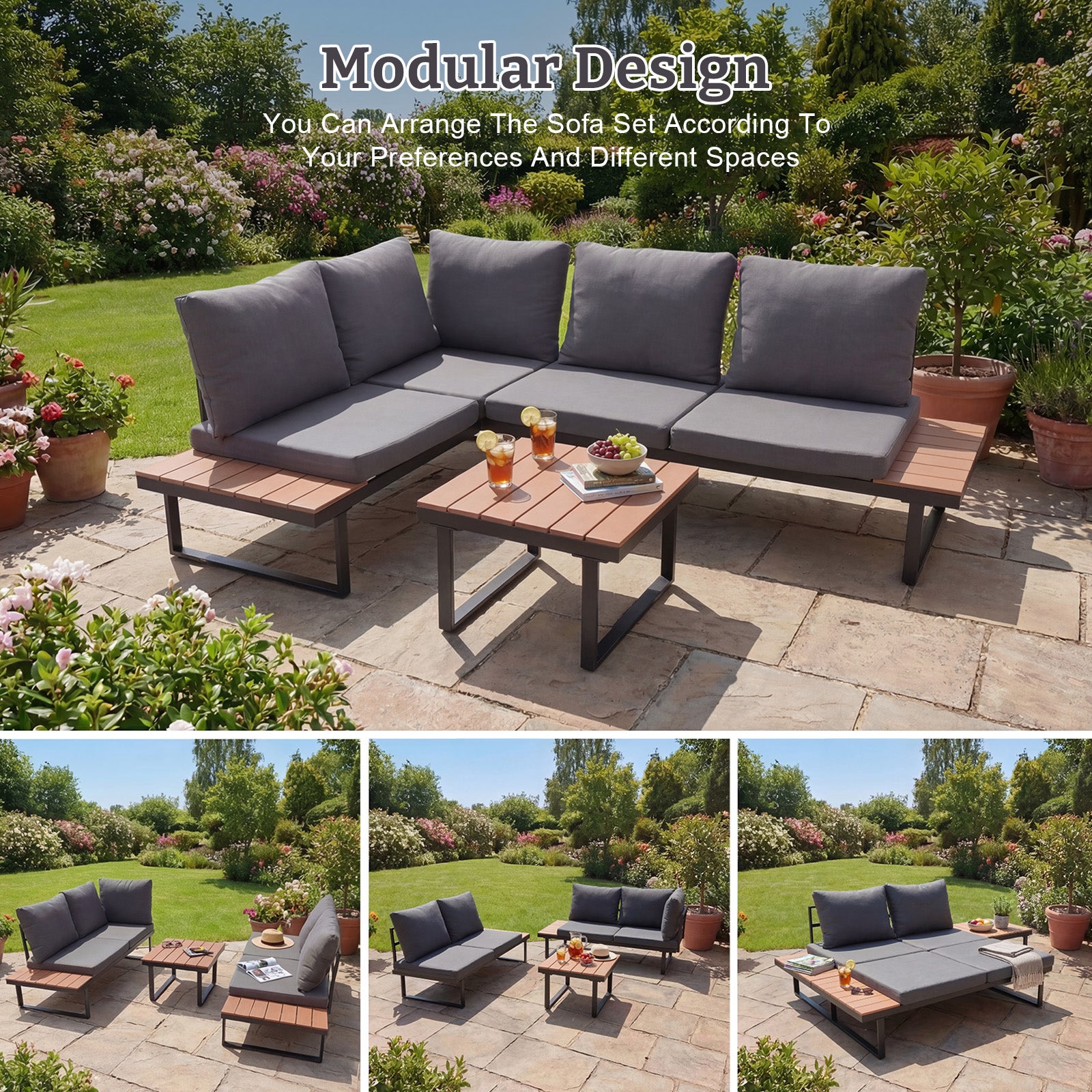HOMAVO Salon de Jardin Extérieur, Convient à 3-4 Personnes, Comprend un Canapé d'Angle en L et une Table Basse, Housse de protection contre la pluie - 3