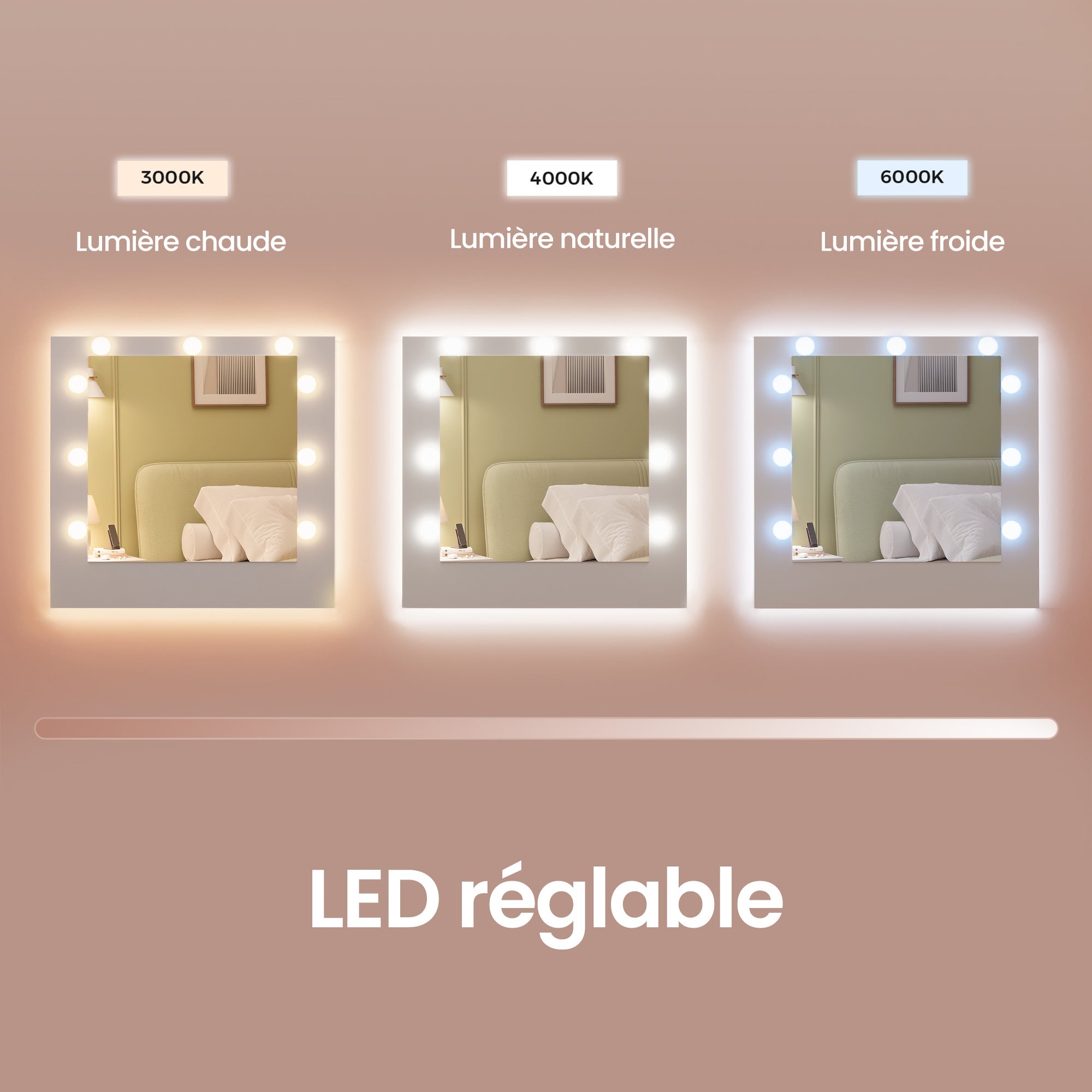 Coiffeuse avec Miroir LED, Multiprise, 2 Placards, 9 Ampoules, Éclairage 3 Couleurs, Blanc - 6