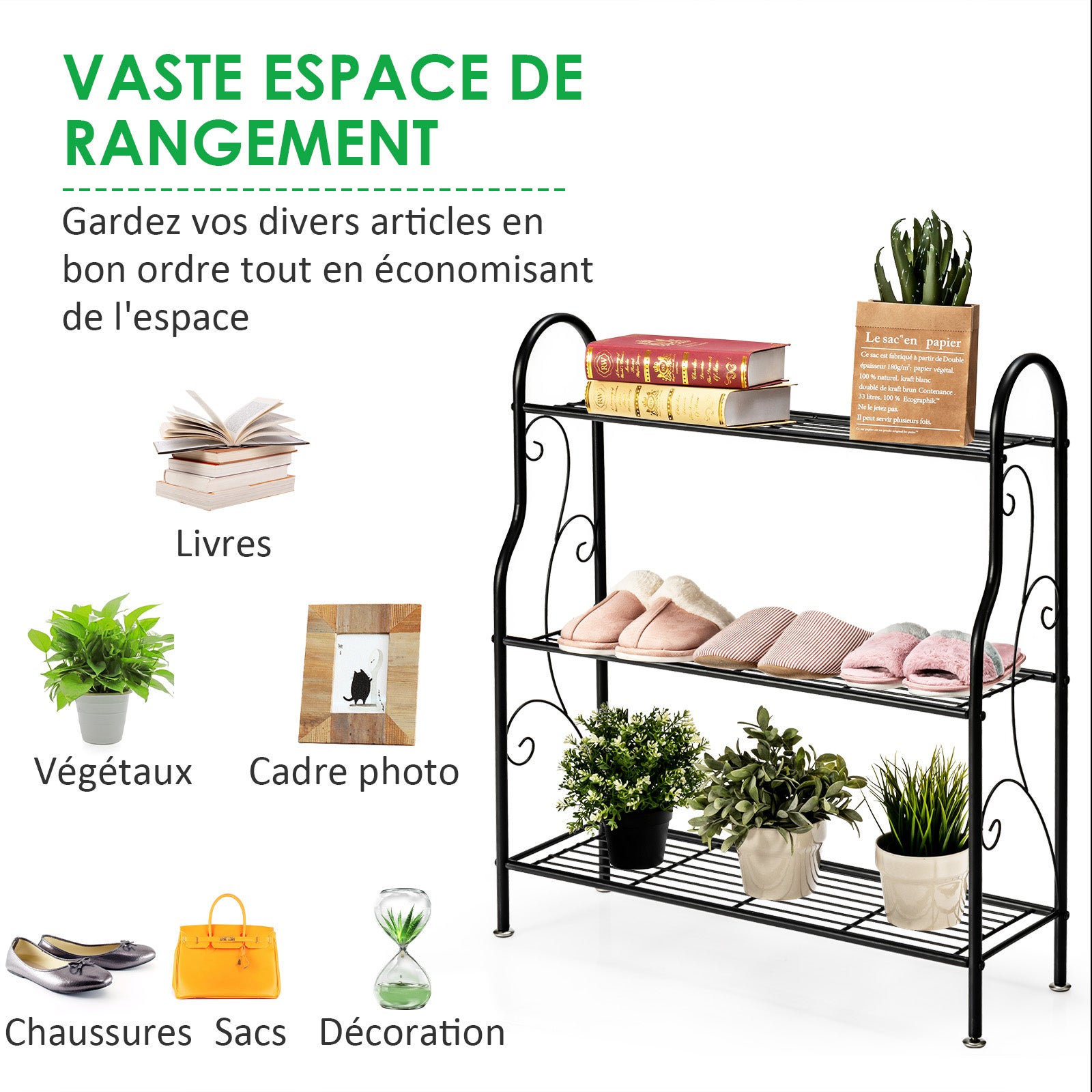 Support de Plantes à 3 Niveaux en Métal, Étagère de Rangement Multifonctionnelle avec Motif Élégant, Support pour Pots de Fleurs, 72 x 25 x 85 cm - 6