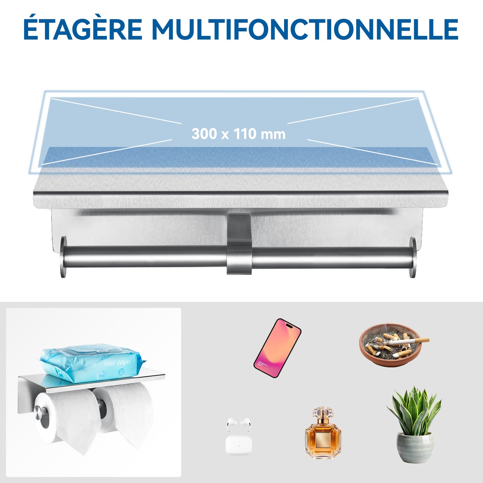 Portarrollos de papel higiénico con estante cepillado. Portarrollos de papel higiénico de acero inoxidable. Estante. - 5