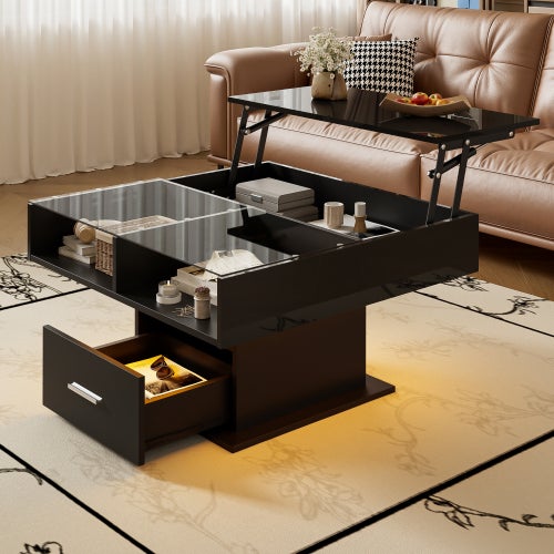 Table basse relevable noir laquée brillante, avec éclairage LED, 1 ...