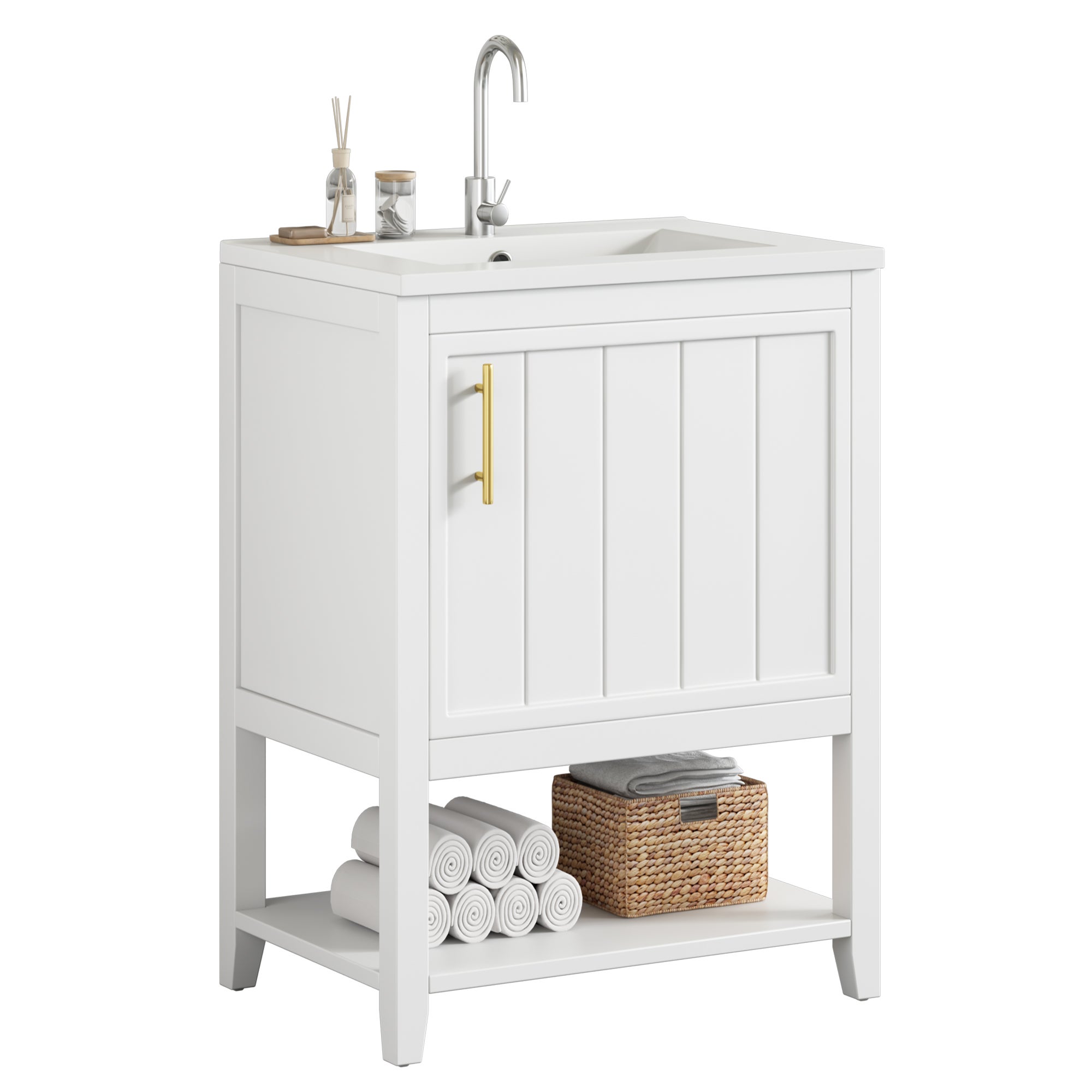 Meuble de salle de bains vasque simple, meuble-lavabo 60 cm avec vasque en céramique et étagère, blanc - 4
