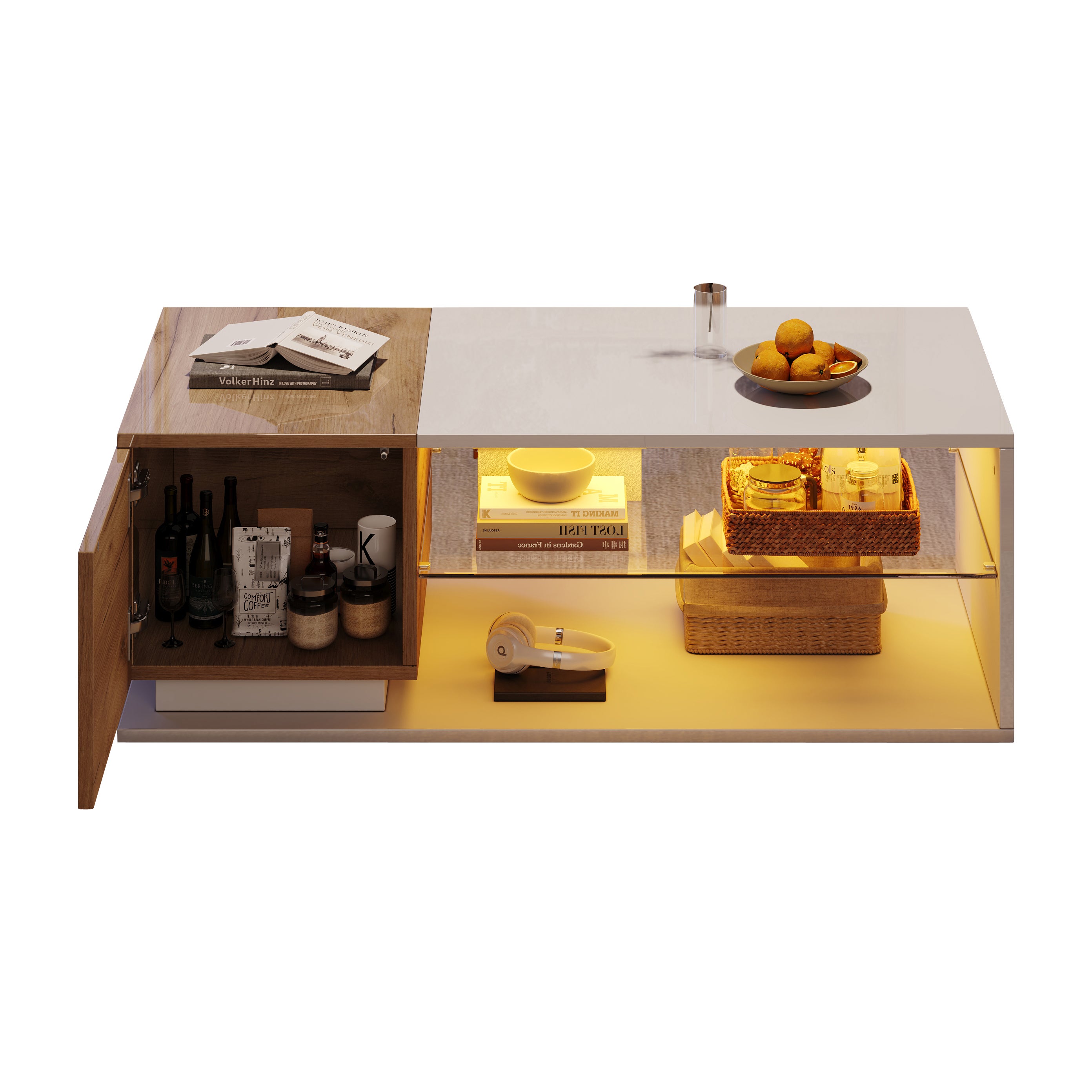 Table basse avec 1 porte et 2 étagères - 105 x 50 x 36 cm - LEDs - Panneau de particules - Blanc - 5