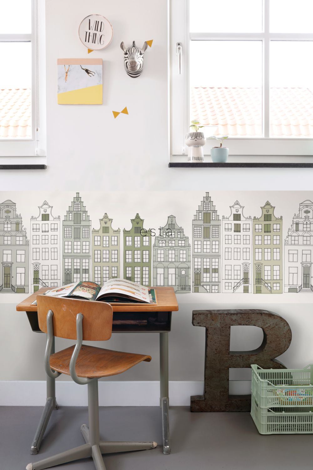 Obramowanie tapety XXL Amsterdamskie domy militarnej zieleni - 430 x 50 cm - ESTAHOME