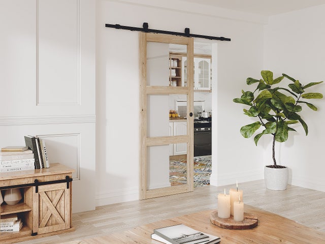 Porte coulissante avec système en applique en bois et verre trempé - 3 fenêtres - H205 x L93 cm - ACOSTA II