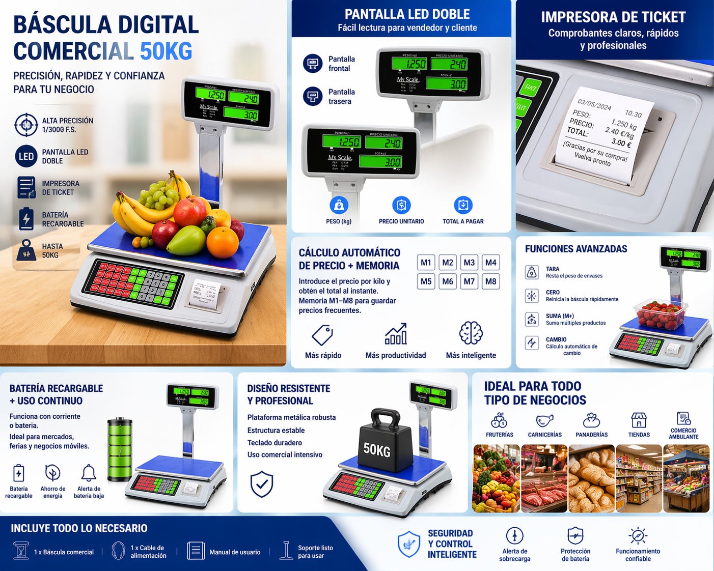 Balance commerciale numérique 50 kg avec imprimante de tickets, haute précision 1/3000 F.S., double écran LED, fonction tare et calcul du prix, idéale - 2