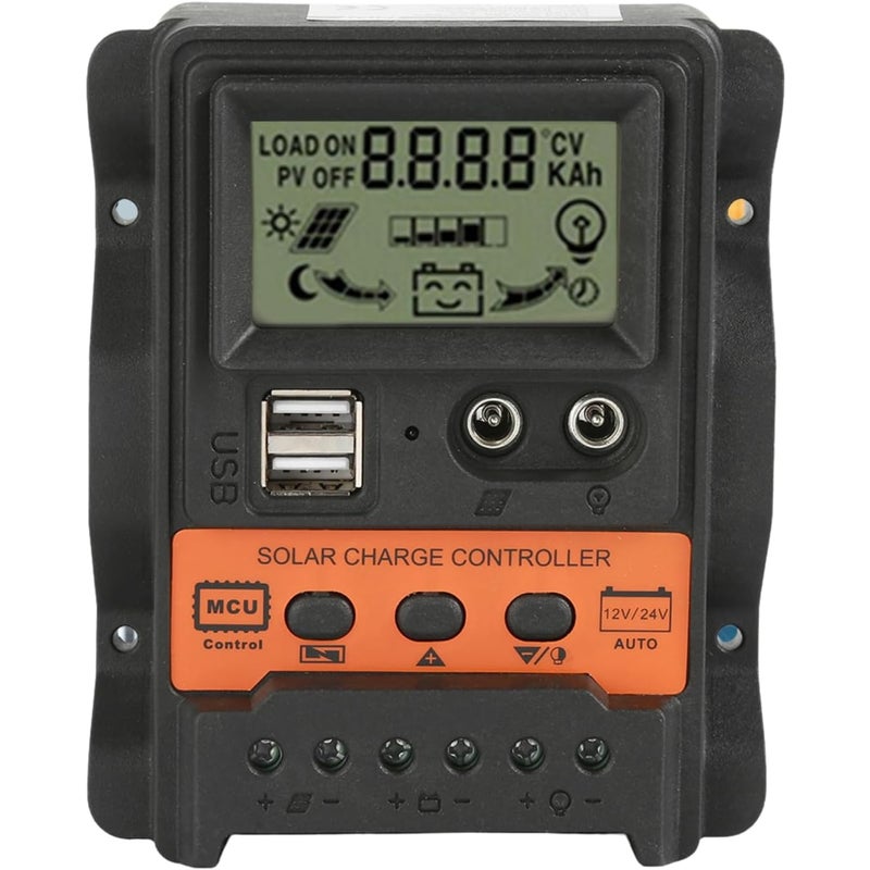 Regulator ładowania solarnego PWM, kontroler ładowania solarnego z wyświetlaczem LCD 12 V 24 V 10 A, podwójne USB 5 V