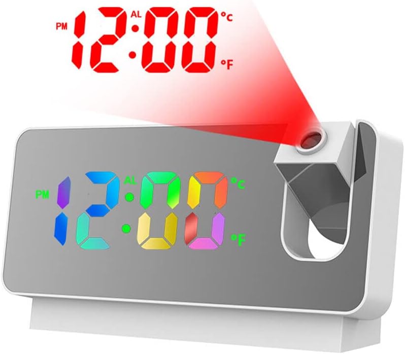 Cyfrowy budzik lustrzany z projekcją i wyświetlaczem temperatury, dużym ekranem LED, funkcją USB, białą obudową i kolorowymi światłami.