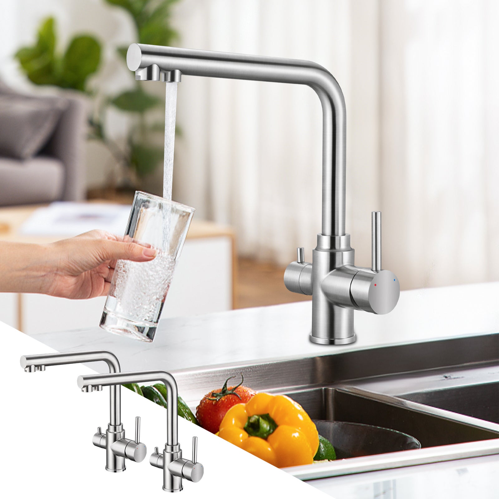 LOVHAUS 3-drożna Bateria z Baterią Mieszającą z Filtrem do Kuchni, Bateria Kuchenna 3 w 1 do Wody Pitnej z Podwójną Dźwignią 2 Sztuki