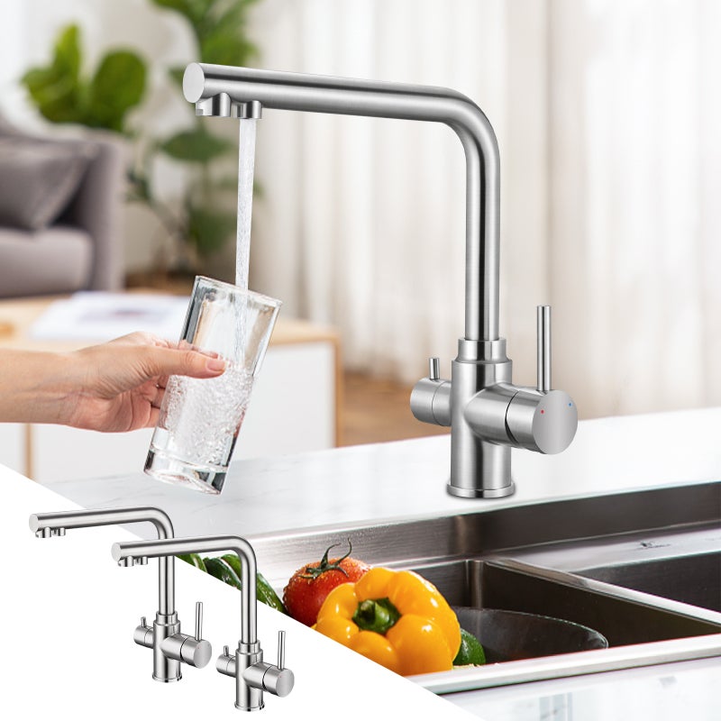 LOVHAUS 3-drożna Bateria z Baterią Mieszającą z Filtrem do Kuchni, Bateria Kuchenna 3 w 1 do Wody Pitnej z Podwójną Dźwignią 2 Sztuki