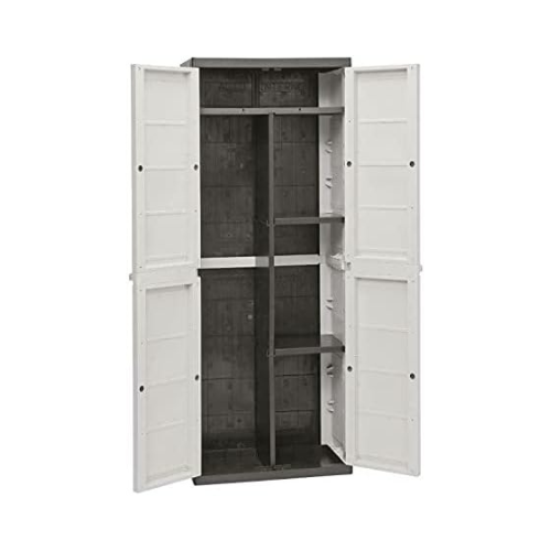 Armadio Esterno 3 Ante In Plastica - Grigio/Nero, Con Ripiani Regolabili E Portascope, Resistente Alle Intemperie - Foto 2