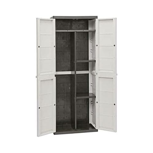 Armadio Esterno 3 Ante In Plastica - Grigio/Nero, Con Ripiani Regolabili E Portascope, Resistente Alle Intemperie - Foto 2