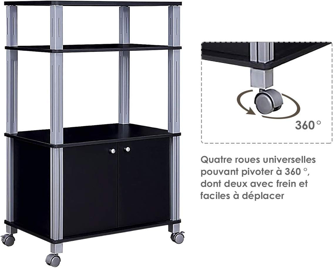 Etagere de Cuisine, Etagere de Micro-Ondes et Four en MDF Robuste, Meuble Rangement a roulettes avec Tiroir et 2 Etageres Ouvertes (Noir) - 4