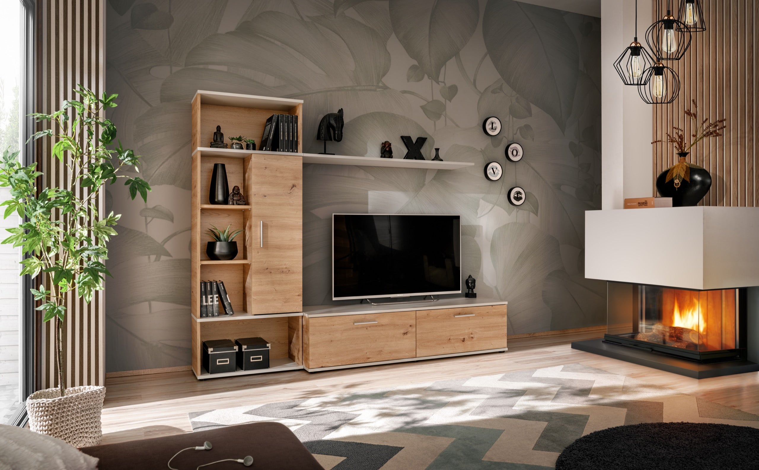 Parete Attrezzata Moderna Rovere | 172,5x33x157,5 Cm | Design Industriale | Per Soggiorno O Ufficio - Foto 3