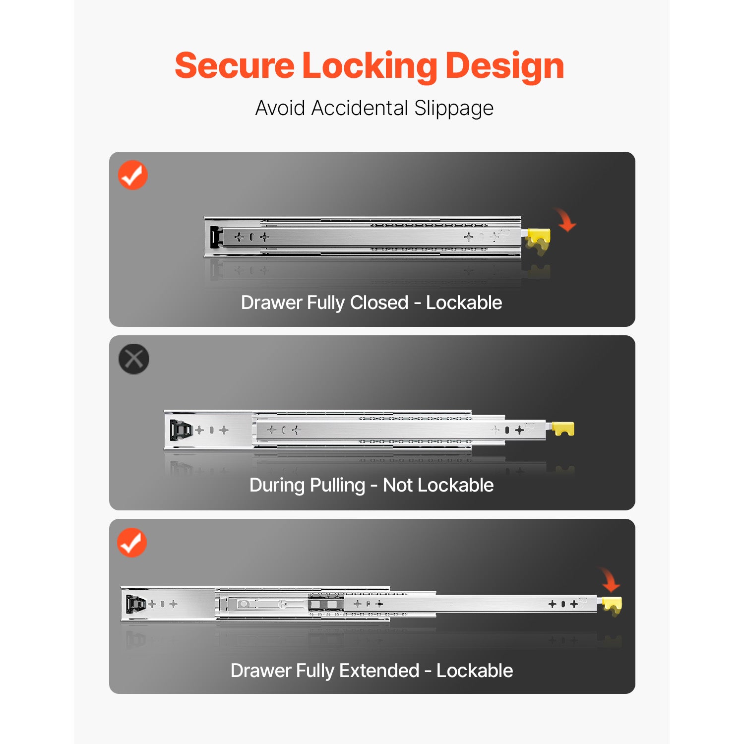 1 paire glissières tiroir à extension SucceBuy complète, capacité charge 250 lb glissières latérales à roulement à billes verrouillables pour tiroirs - 5
