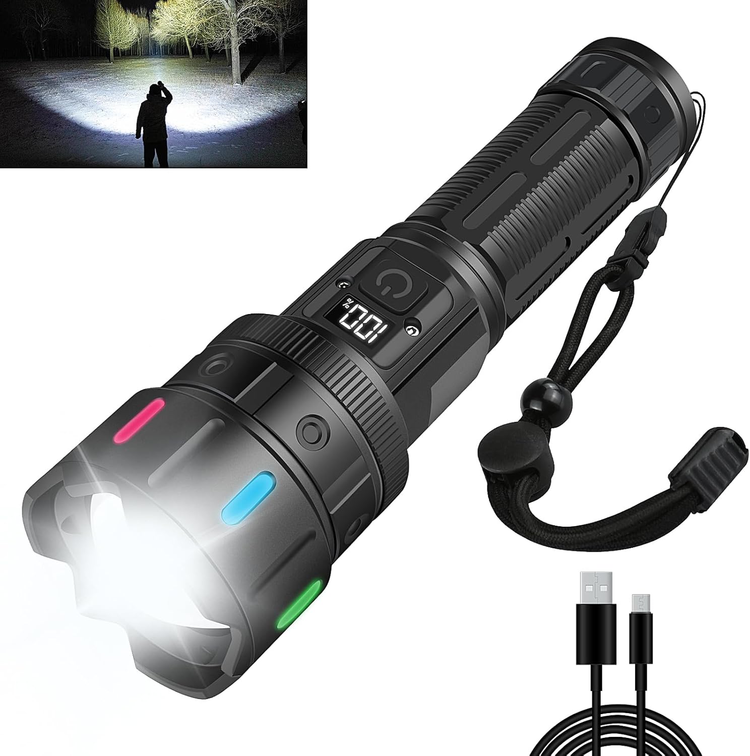 Niezwykle mocna latarka LED, 990000 lumenów, ładowalna latarka z wyświetlaczem LCD, super jasna, 5 trybów oświetlenia, taktyczna latarka do