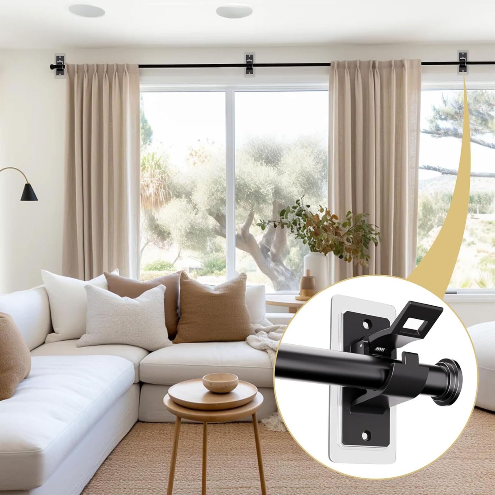 Lot de 4 supports de tringle à rideaux, supports autocollants sans perçage, crochets sans clous, pour salle de bain et salon, noir - 4