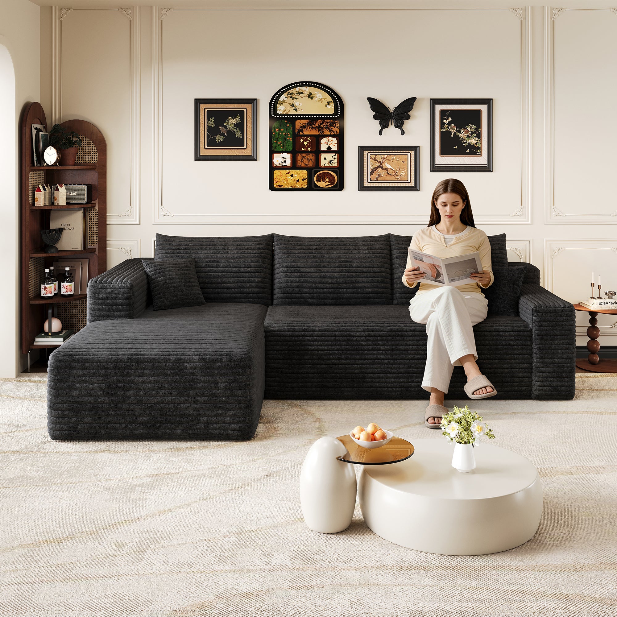 Canapé d'angle Cloud 241 cm en velours côtelé noir assise profonde méridienne confortable sans montage salon moderne minimaliste - 7