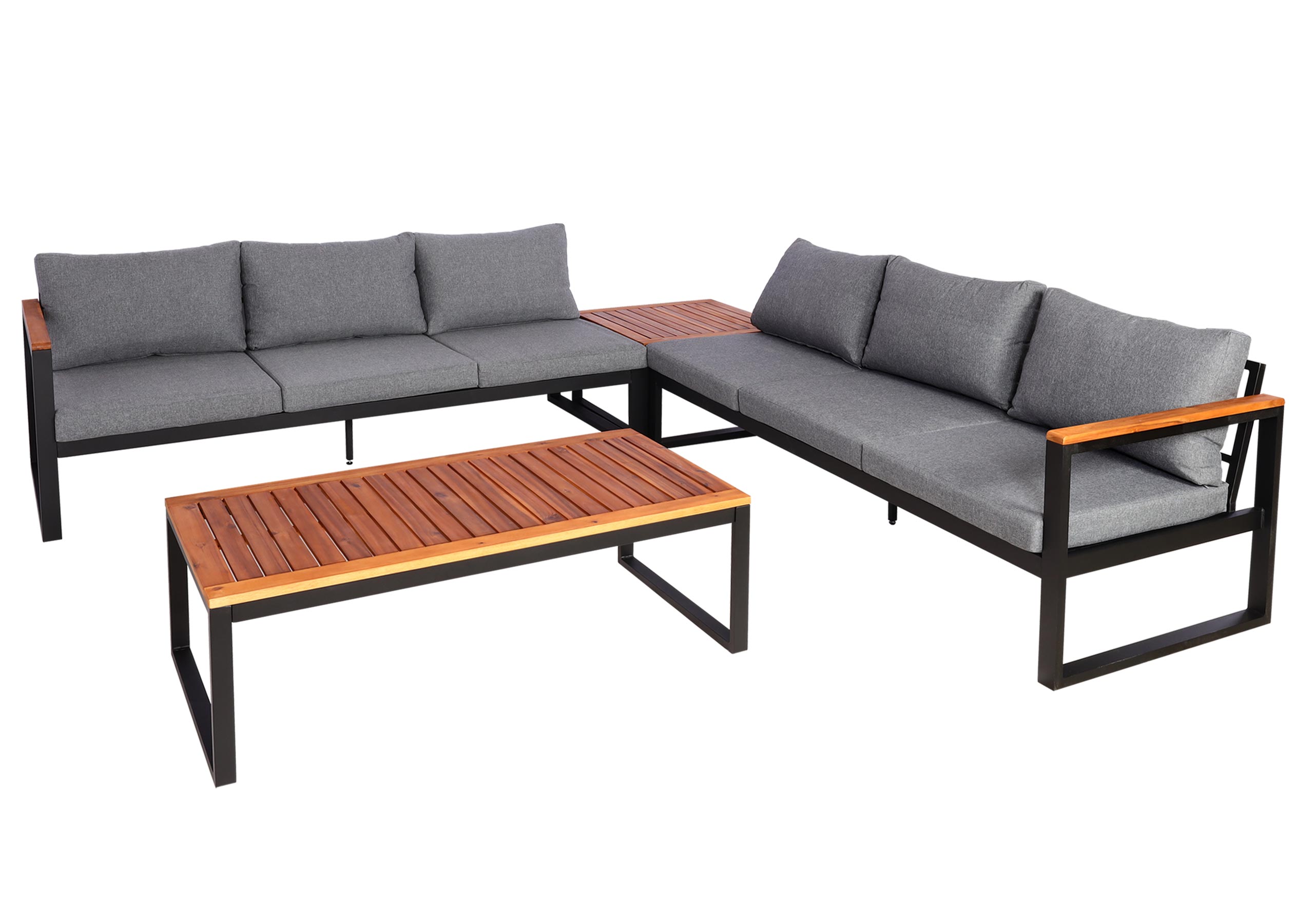 Zestaw ogrodowy HWC-L26, zestaw wypoczynkowy do ogrodu, sofa, aluminium, drewno akacjowe z certyfikatem MVG ~ ciemnoszary