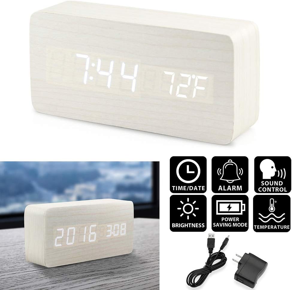 Réveil numérique en bois, réveil LED multifonction en bois avec alimentation USB, commande vocale et thermomètre - Blanc - 2
