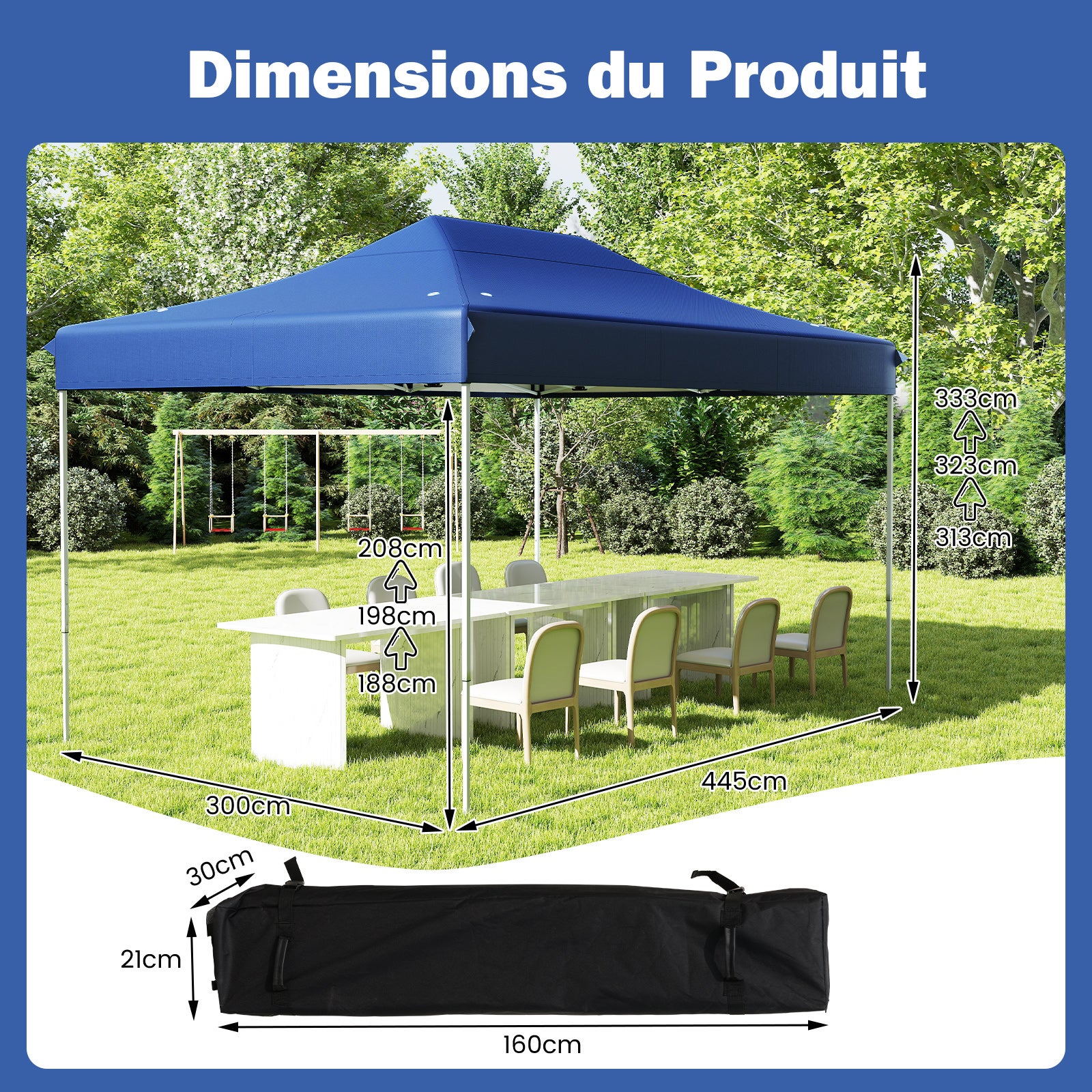 Gazebo Da Giardino In Acciaio Con Tetto Inclinato Impermeabile E Pareti A Rete Antizanzare, 4 Lati Inclusi, Perfetto Per Patio E Feste Estive (Blu) - 3