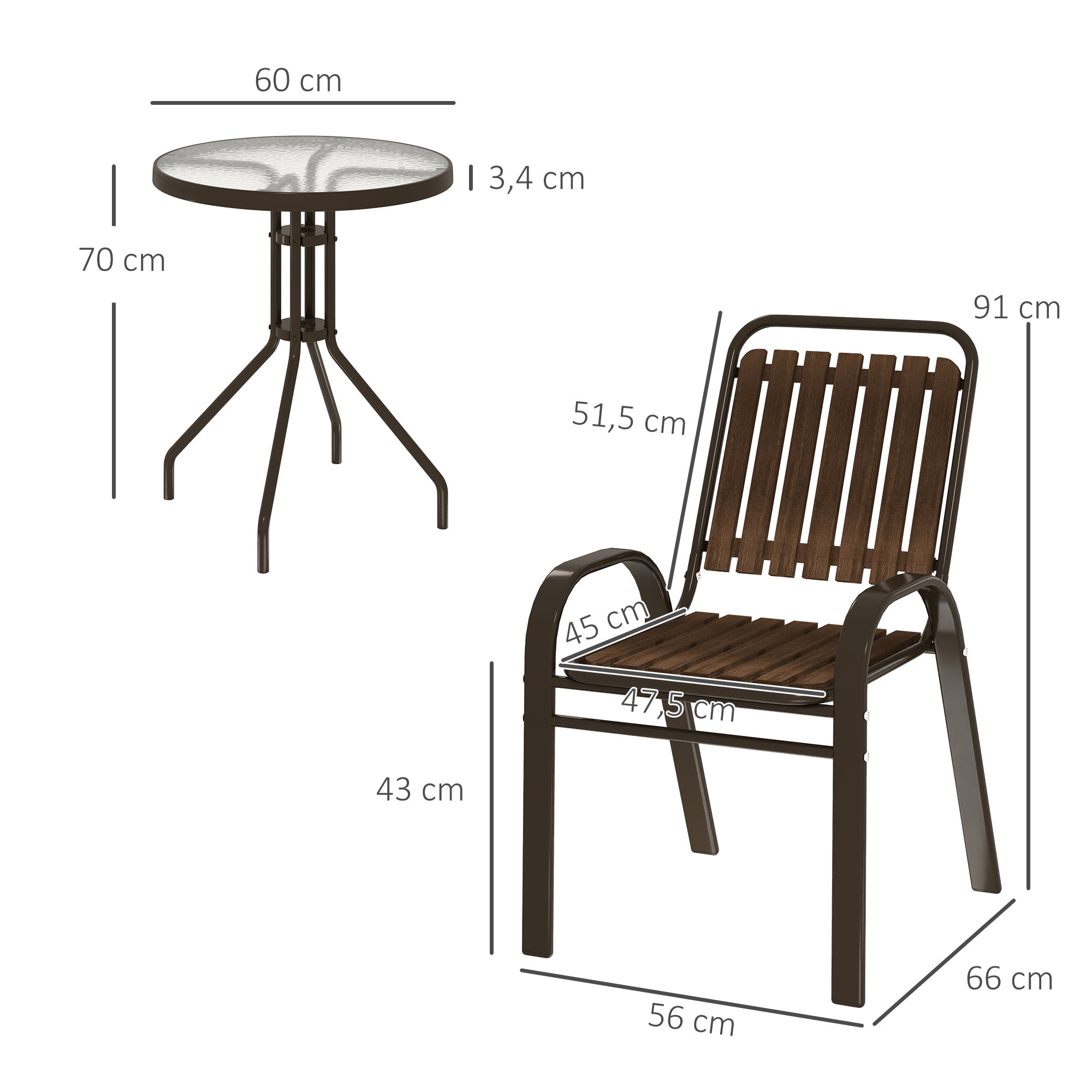 Conjunto de Jardim Outsunny Aço, PP e Vidro Temperado Marrom escuro 56x66x91 cm 84G-799V00DR - 3