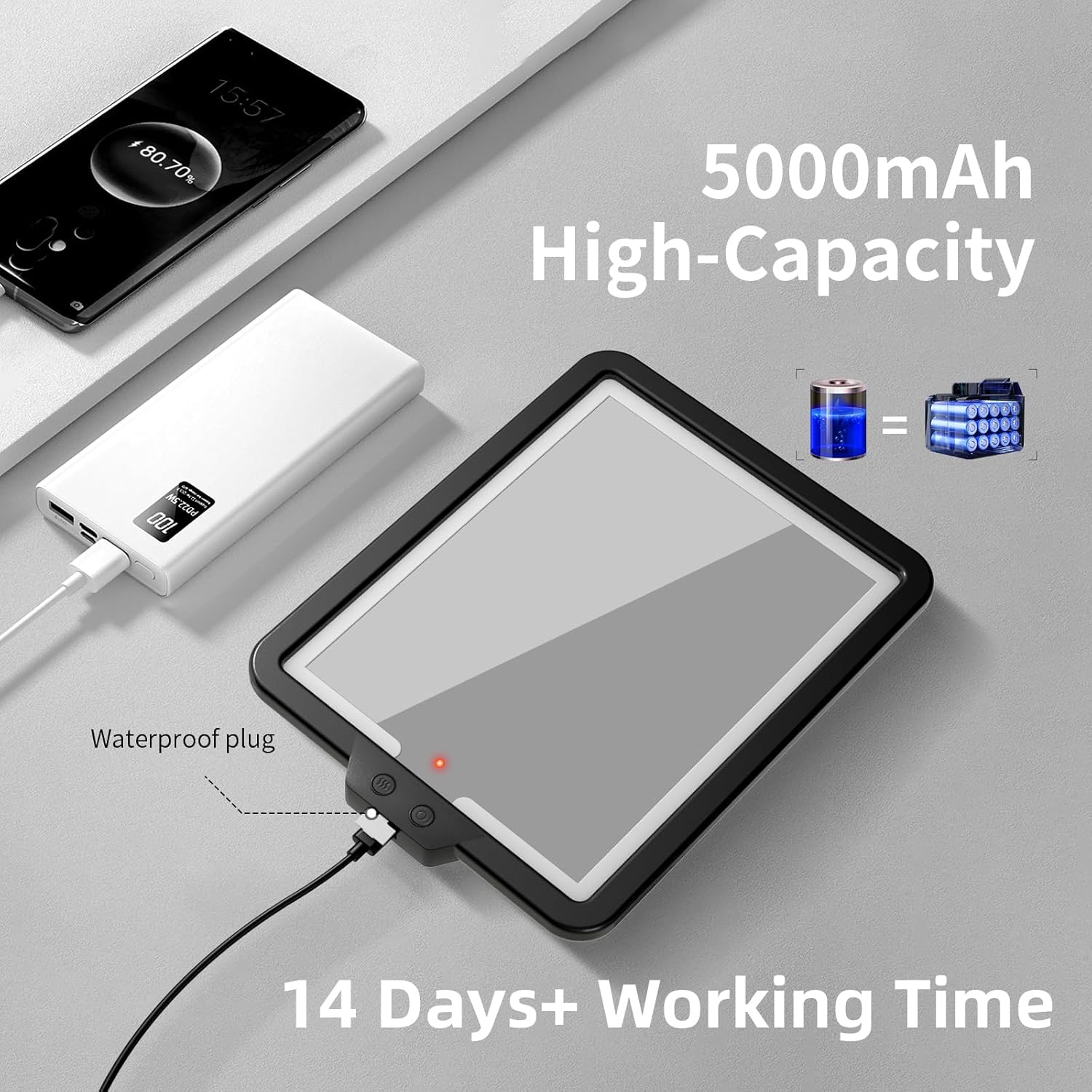 Lustro prysznicowe z powłoką antyparową i oświetleniem, ładowalne, 3 tryby kolorów, ze schowkiem, czarne 32×17,5 cm - 6