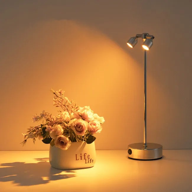 Lampka stołowa LED z podwójną głowicą bezprzewodowa lampka stołowa do ładowania nowoczesna i elegancka lampka stołowa ładowania białe światło srebrna