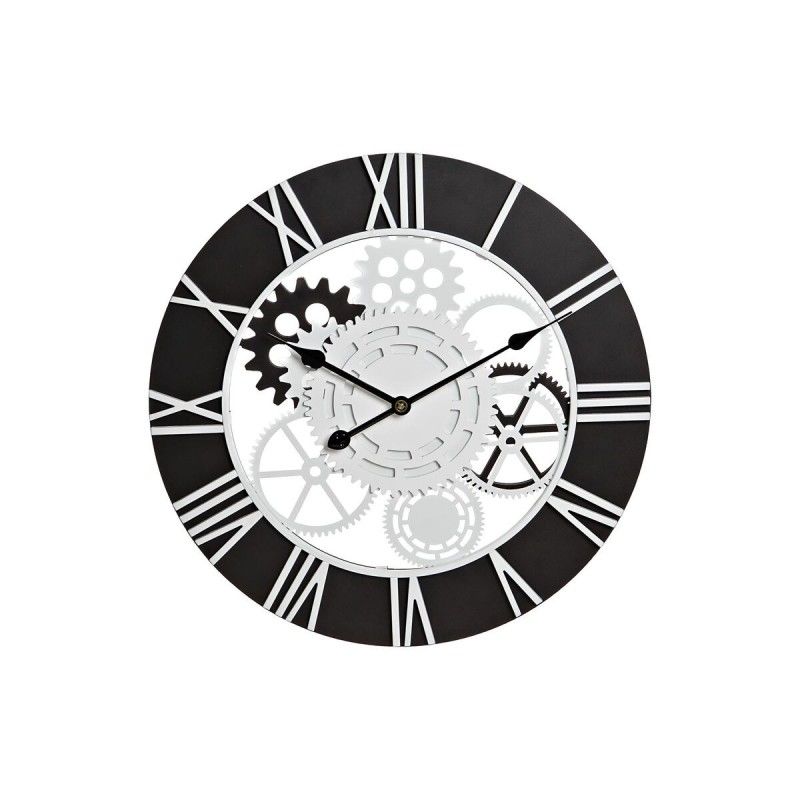 Reloj de pared dkd home decor madera negro blanco hierro engranajes (60 x 4 x 60 cm)