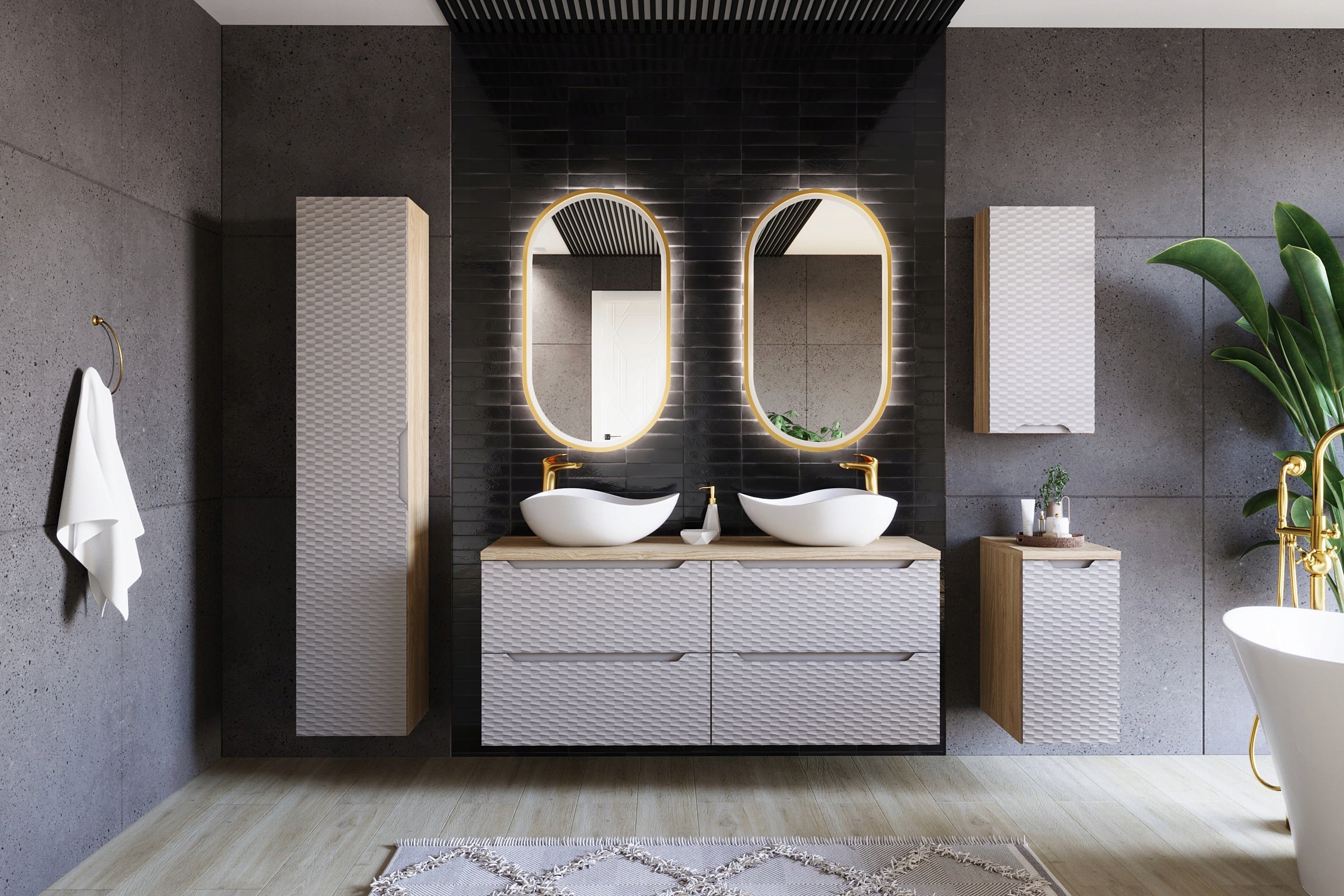 Szafka łazienkowa OCEAN 90 cm beżowa dąb olejowany front 3D MDF wisząca - 2